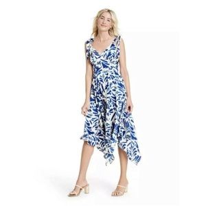 ALEXIS Blue Botanical Tie Strap Asymmetrical Hem Dress